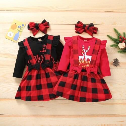 0-18M My First Christmas Baby Girl Letter Romper Suspender Skirt Headband Outfits Girl Xmas Set Cartoon Clothing 3PCS Set