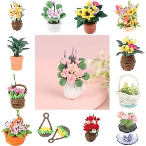 1:12 Dollhouse Miniature Flowers Mini Potted Plant Flower Pot DollHouse Decor Bonsai Model Garden Home Ornament Different Styles
