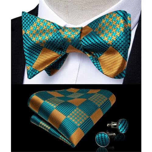 Fashion Mens Bowtie Teal Green Gold Plaid Design Ajustable Butterfly Gift Bowtie For Men Silk Wedding Groom Party DiBanGu LH-085