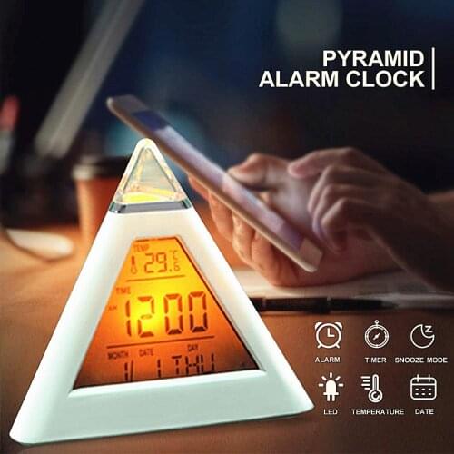 2020 New 7 Colors Colorful Pyramid LCD Alarm Clock Night Light Thermometer Digital Wall Clock Calendar Digital Led Alarm Clocks