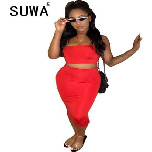 Sexy Cute 2 Two Piece Outfits For Women Summer Tank Top Tunic Shirt + Bodycon Dress Maxi Skirts Matching Set Party Pink Clothes