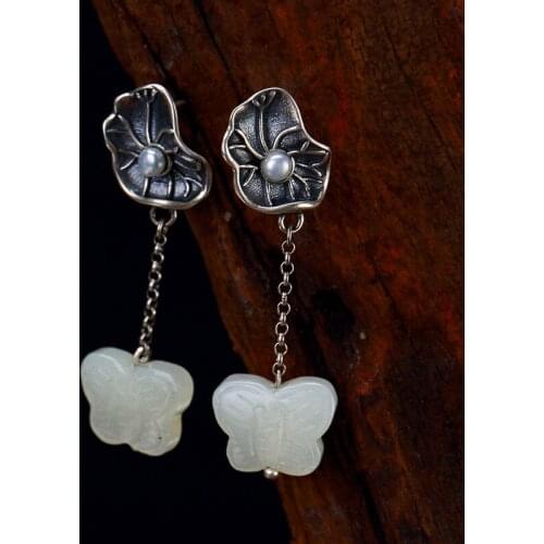 S925 Pure Silver Antique Mosaic And Tian Yu White Jade Lotus Leaf Butterfly Pearl Lady Eardrop Earrings Wholesale