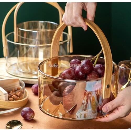 Nordic Living Room Glass Fruit Plate Transparent Ice Bucket Salad Bowl Home Use Snacks Fruit Storage Basket with Wooden Handle