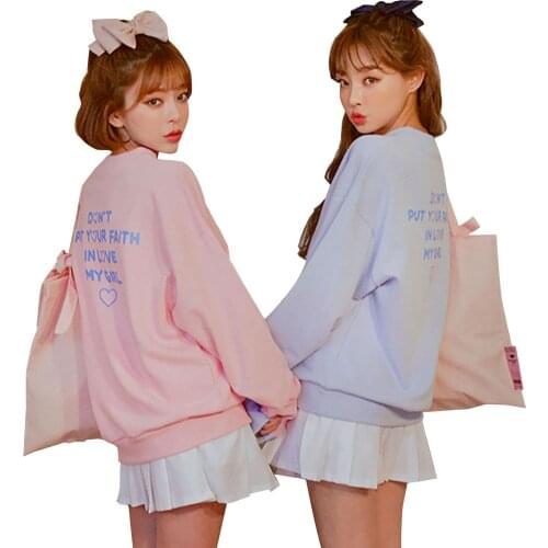 Harajuku Kawaii Loose Sisters Sweatshirt Women Autumn Korean Fashion Love Print Pink Blue Sweatshirt Tops Schoolgirl M158