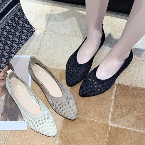 Knitted Flats Women Slip on Flat Shoes Hollow Out Boat Shoes Pointed Toe Stretch Fabric Ladies Shoes 2020 Autumn Spring 8529L