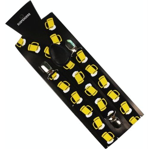 Winfox Vintage 2.5cm Wide Black Yellow Beer Cup Print Suspenders For Women Men Elastic Braces