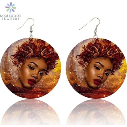 SOMESOOR Both Sides Painting Black Queen AFRO Wood Dangle Portrait Earrings African Natural Hair Ear Jewelry For Women Gifts
