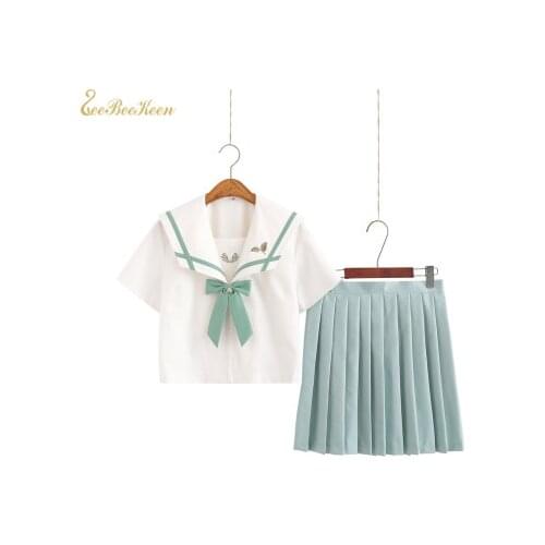 Girls Japanese School JK Uniform Mint Green Navy Sailor Suit Women Anime Cosplay Costume Adult Collage Student Pleated Skirt