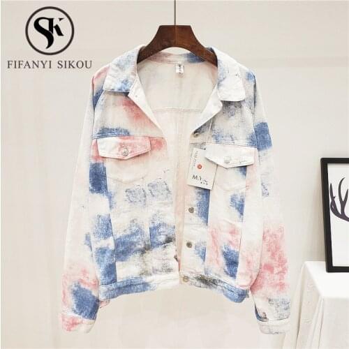 2020 New Women Streetwear Denim Jacket Fashion Tie dye Long sleeve Jeans Jacket Female Loose Washed Jeans Coat Harajuku Jackets