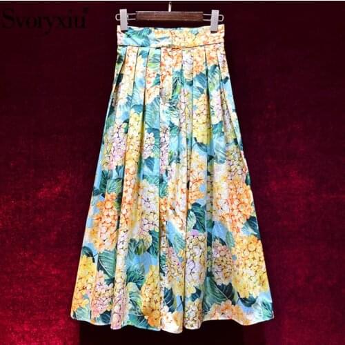 Svoryxiu Runway Designer Summer Flower Print Cotton Long Skirt Womens Fashion High Waist Bohemian Holiday Skirt