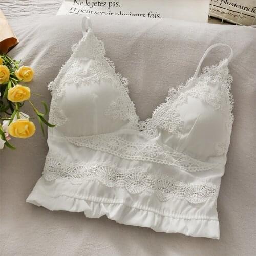 2021 Women Crop Tops Backless Bandage Sexy V-neck Lace Camis Spaghetti Strap Ruffles Short Bra Tank Tops