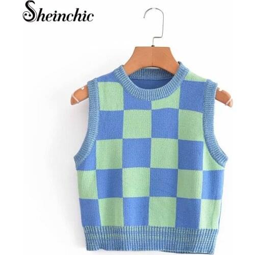 Korean Fashion Autumn Winter Clothes 2021 O-neck Sleeveless Knitted Veste Femme Vintage Plaid Knit Sweater Women