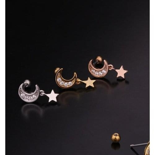 1 PCS Cute Small Zircon Moon Star Shape Charm Ear Cartilage Piercing Stud Earring Simple Gold Color Steel Bar Ball Helix Earring