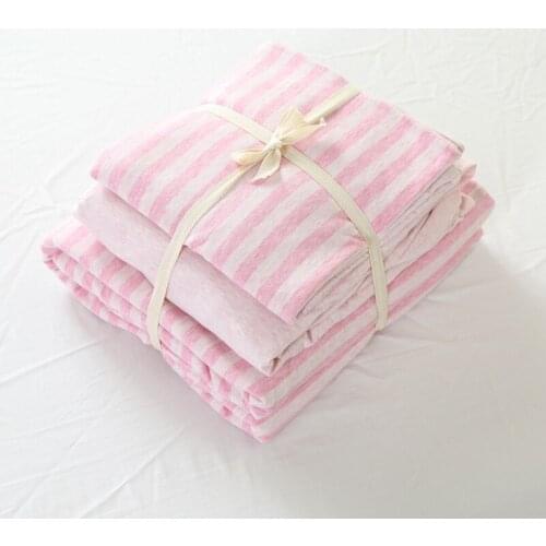 4pcs 100% Cotton Jersey Knitted fabric soft light pink stripe bedding set Brief style bedroom for girls good for kids skin