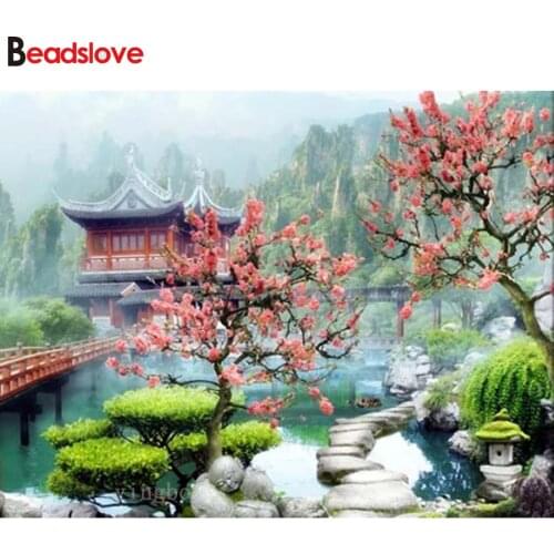 Full Square Round Drill Diamond Painting 5d House lake cherry blossom scenery Diamond Embroidery Diamond Mosaic Home Decoration