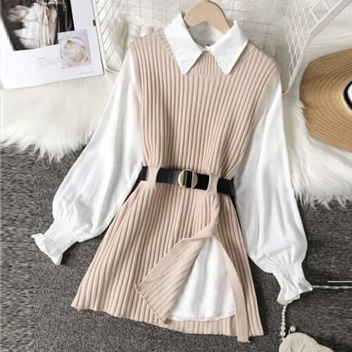 Spring and Autumn White Shirt Tops Female Knitted Vest Shirt Two-piece Set Long Blouse Women Loose Clothes Blusas Mujer 16050