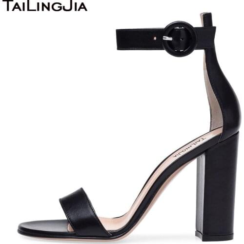 Block Heel Sandals for Women 2021 Fashion High Heel Summer Sandal Party Dress Shoes Black PU Leather Chunky Heel Strap Shoe