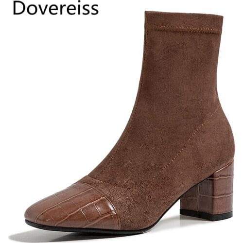 Dovereiss Fashion Womens Shoes Winte Sexy Elegant Pure color brown Concise Mature Slip on Short boots Square toe big size 31 43