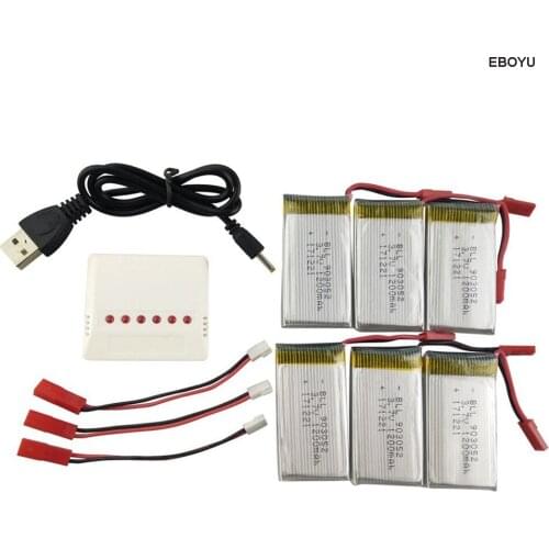 EBOYU 6pcs * 3.7V 1200mAh 25C Lipo Battery+1 to 6 Balance Charger for MJX T64 T05 Huanqi 898B H11C H11D RC Quadcopter Drone Toy