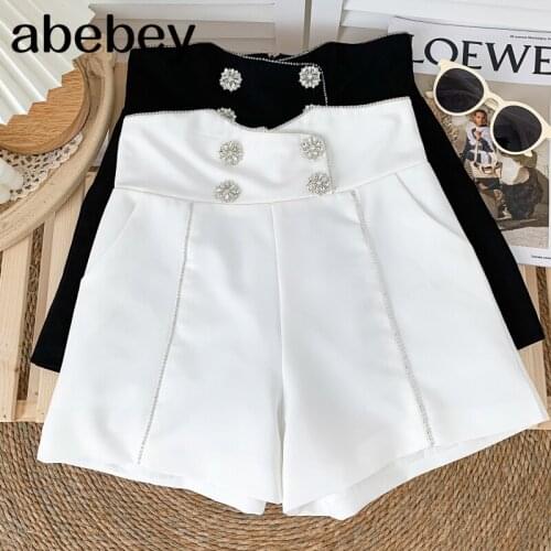Temperament Versatile solid Shorts diamonds edging double breasted high waist pleated casual wide leg Shorts 2021 New Summer