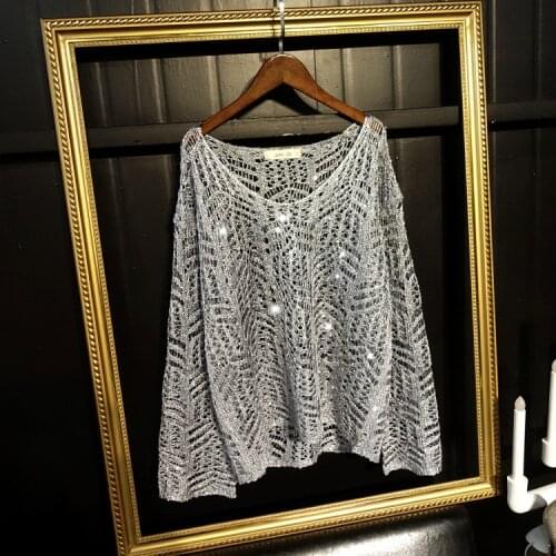 European Spring Autumn Sequined Glitter Sexy Hollow V-neck Solid Color Thin Knitted Sweaters Women Tops Fashion Streetwear 2021