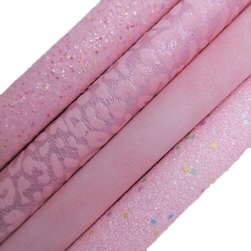Pink Glitter leather with Stars, Leopard Faux Fabric, Two Tones Pink Suede Faux Leather Sheets For Bows DIY 21x29CM KM712
