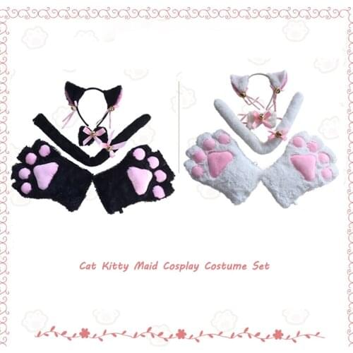Cute Cat Kitty Maid Cosplay Costume Set Kitten Plush Ear Bell Headband Bowknot Collar Choker Tail Paws Gloves Anime Props