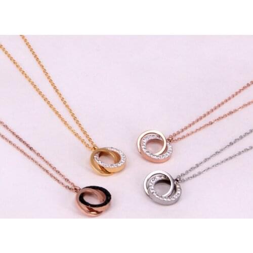 Fashion Stainless Steel Love Double Round Pendant Necklaces Rose Gold Color Full Crystal Circle Necklace Women Party Gift