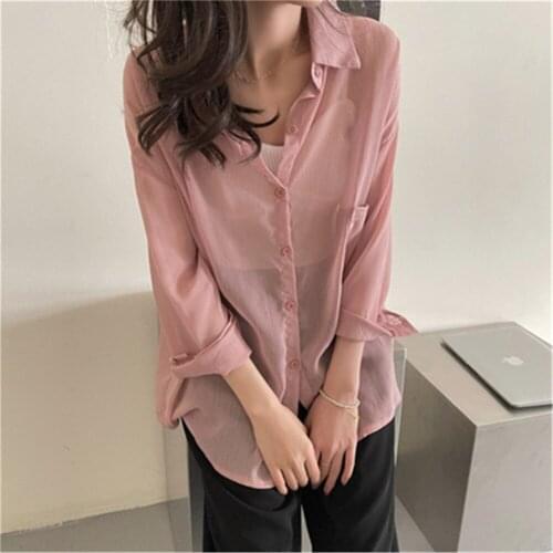 Fashion womens New 2021 Summer Shirts Loose See Through Thin Blouses Women Korean Chiffon Sun Protection Blouse Tops Blusas