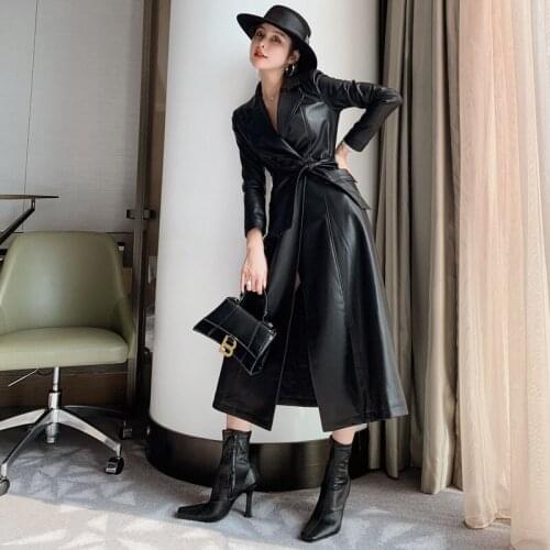 2020 New Woman Singer Button Belt Long Coat Female Black Punk Bomber Faux Leather Outwear Autumn Winter Women Pu Leather Jacket
