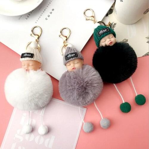New Fashion Key Chains Big Pom-pom Cute Carton Sleeping Baby Hang Accessories Keyrings Holder for Purse Bag Car Creative Gift