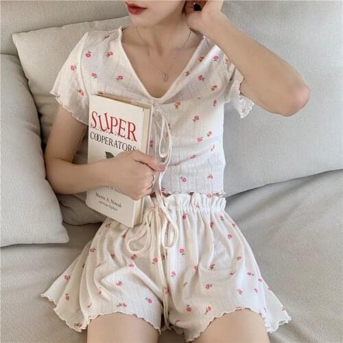 Qweek Pajamas for Teen Girls Floral Print Korean Style Kawaii Pyjamas Summer Pijama Sleepwear Mini Top Shorts Suit Loungewear