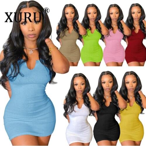 XURU European and American Womens Dress Spring and Summer Camisole Deep V-neck Dress Slim Sexy Short Dress