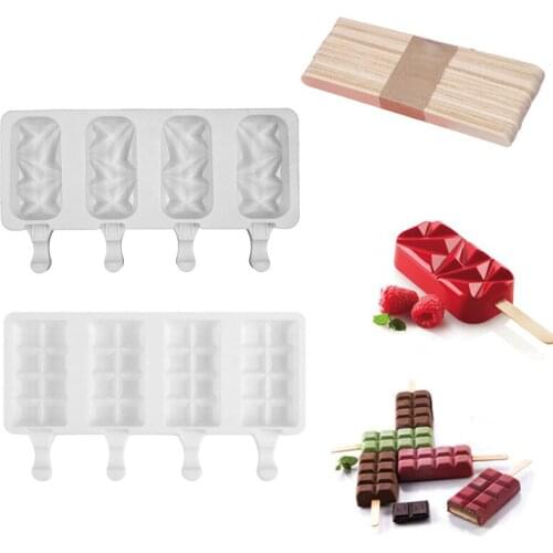 4/8 Hole Silicone Ice Cream Mold Ice Cube Tray Chocolate Popsicle Molds with Wooden Popsicle Sticks DIY Dessert Homemade Tools