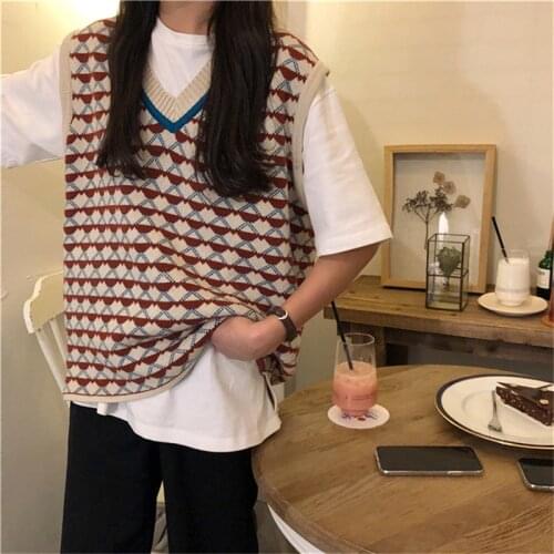 New Retro V-neck Knit Sweaters Vest Women BF Casual Loose Colorful Pullover Waistcoats Elasticity Jacquard Sleeveless