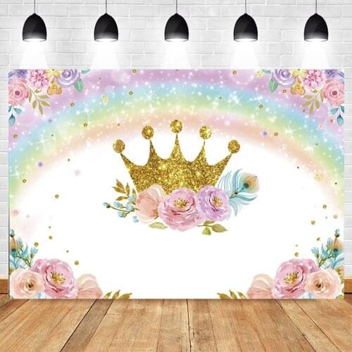 Yeele Pink Flower Golden Crown Rainbow Newborn Baby Shower Birthday Backdrop Vinyl Photography Background Custom Photophone Prop