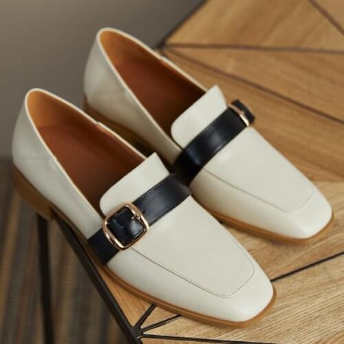 Womens genuine leather metal buckle mix color patchwork slip-on flats loafers square toe leisure comfortable moccasins shoes