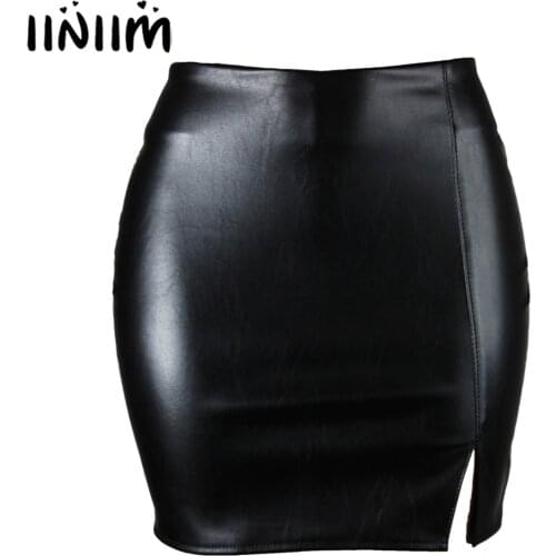 Womens Ladies Sexy Club Bar Clubwear High Waist PU Leather Bodycon Pencil Skirt Solid Color Zipper Back Side Slit Miniskirt