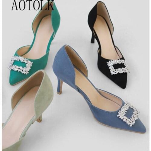 Women Heels Green Pumps 2021 Spring New Shoes Daimond Wedding Party High Heels Female Dress Shoes Point Toe Two-piece Style Pump