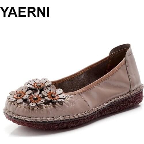 YAERNI new handmade women real leather shoes spring autumn retro women flat shoes casual basic woman no lace flat round toe shoe