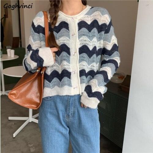 Cardigan Women Hollow Out Striped Long Sleeve Lazy Style Loose All-match O-Neck Ulzzang Popular Harajuku Daily Sweet Girls New