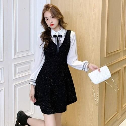 2021 New Autumn And Winter Womens Two-piece Fashion Temperament Bow Shirt + Sequined Vest Dress Suit Vestidos De Mujer Casual