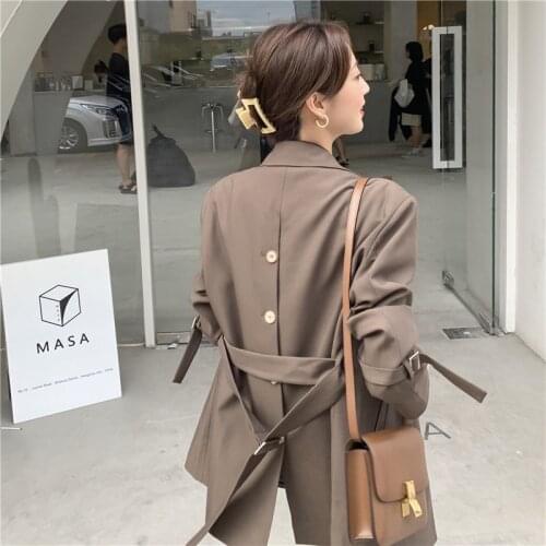 2021 autumn new suit fashion casual back split two buckle tie coffee color cuffs tie jacket female