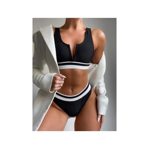 New Sexy Splicing V Shaped Mid Waist Bikini Women Swimwear Two-pieces Bikini Suit Swim Fits True to Size, Take Your Normal Size