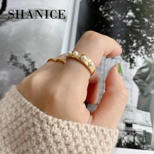 SHANICE 925 Sterling Silver Open Ring Golden checkered pearls Geometric Rings for Women Vintage Opening Rings Adjustable