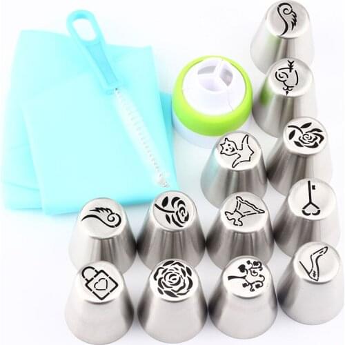 15PCS/Set Stainless Steel Russian Icing Piping Tips 1 Pcs Silicone Bag 1 Coupler 1 Nozzles Brush Cake Decorating DIY Dessert