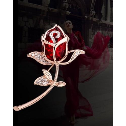 2016 Elegant Rose Rhinestone Brooch Pin,Top Quality AAA Garnet Brooch Scarf Buckle,Plated Rose Gold Brooches for Women Broaches