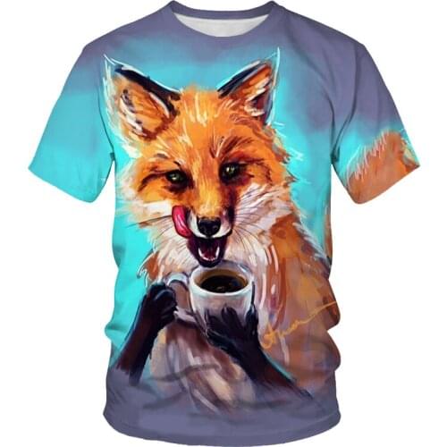 2021 fashion new smart dog, fox, wolf 3D printing mens short-sleeved street and lane trend T-shirt pattern clothing