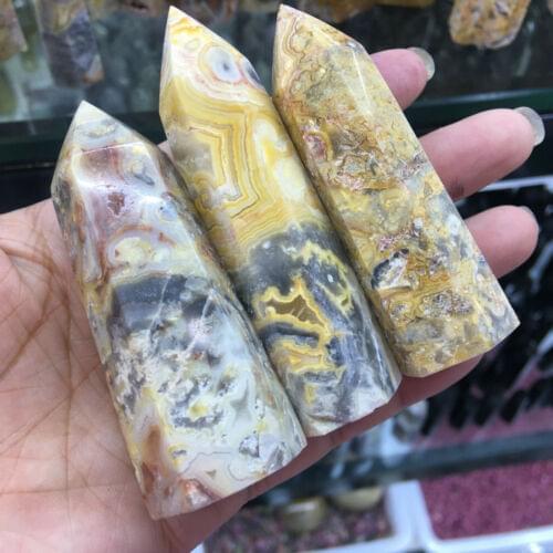 3pc Natural Crazy agate Obelisk Quartz crystal wand Point Reiki Healing