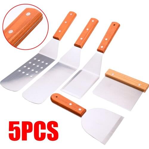5Pcs Stainless Steel Spatula Set Metal BBQ Grill Turner Spatula With Wood Handle For Kitchen Cooking Utensils Accessories